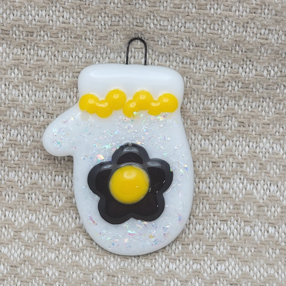 Mitten Dichroic Sparkles and Flower Christmas Tree Handmade Fused Glass Ornament-