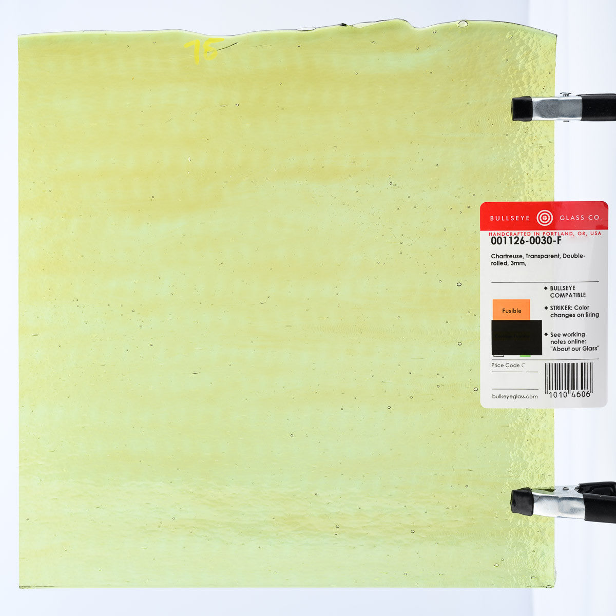 1126 Chartreuse Striker Transparent Bullseye 90 COE Glass Sheet 10x10" 90COE