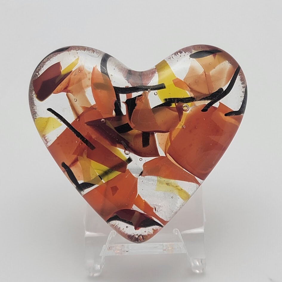 Handmade Fused Glass Pocket HEART Hug Autumn Colors Free Gift Card and Stand Valentine's Teacher Friend Love 90 COE-