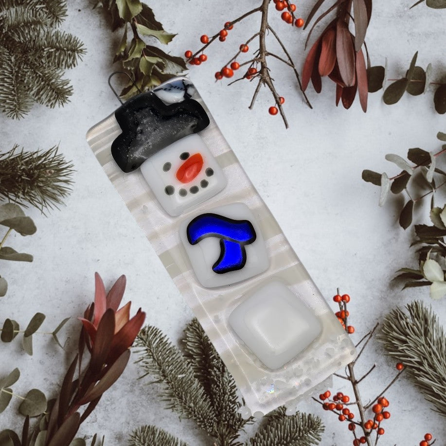 Snowman Handmade Fused Glass Christmas Tree Ornament-