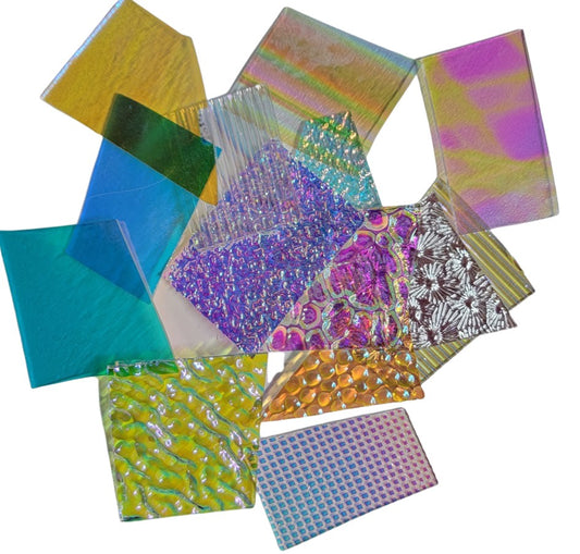 96 COE Dichroic Wissmach Scrap on CLEAR Substrate 8 ounces Glass Fusing 96COE-