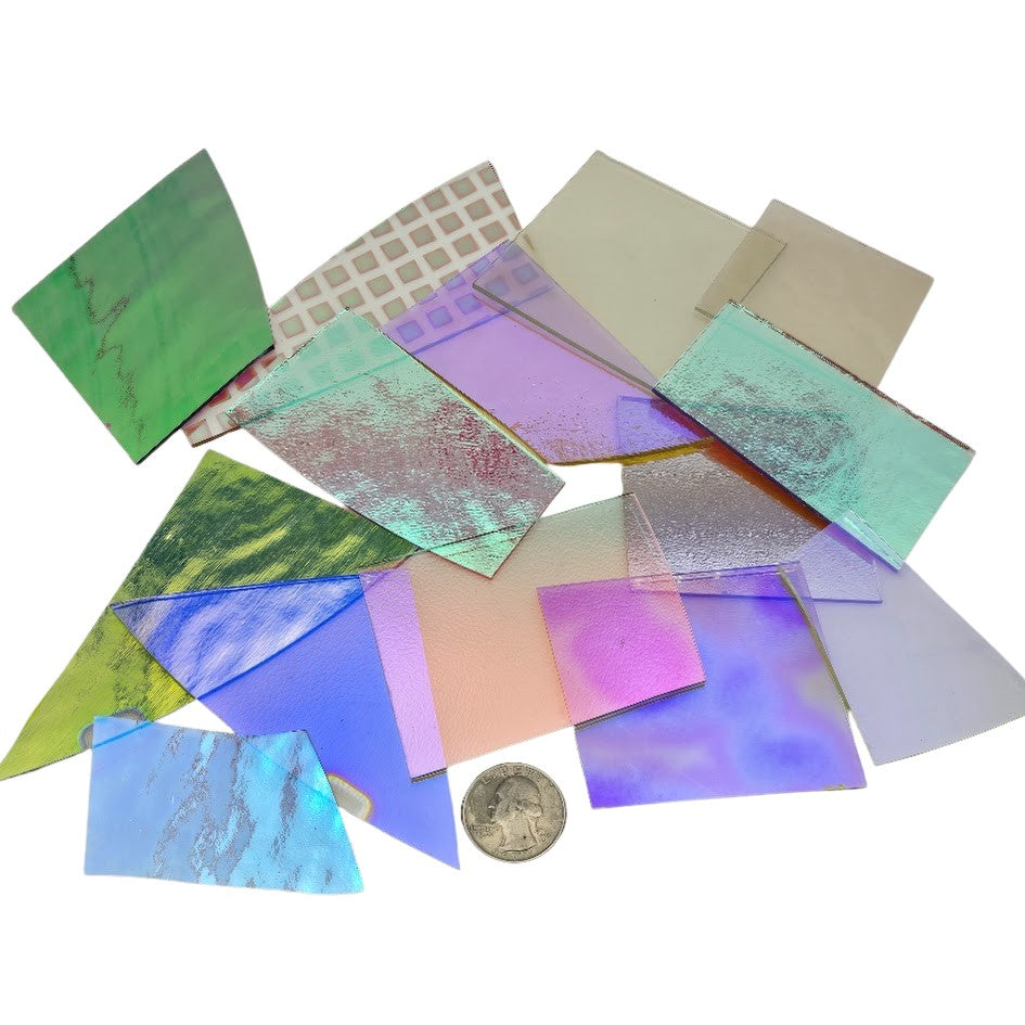 96 COE Dichroic Crinkle Scrap on CLEAR Substrate 8 ounces Glass Fusing 96COE-