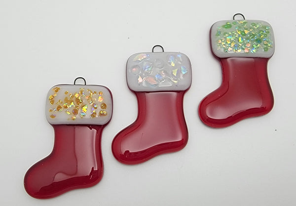 Adorable CHRISTMAS STOCKING Handmade Fused Glass Ornaments Choice of Accent Color 2104- 
