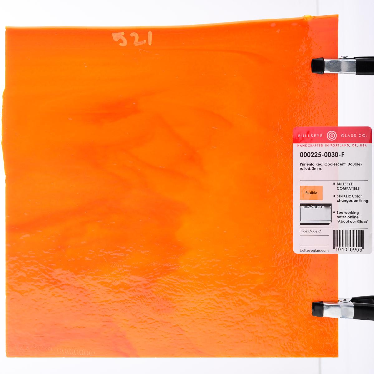 0225 Pimento Red Orange Striker Opalescent Bullseye 90 COE Glass Sheet 10x10" 90COE Fusible-