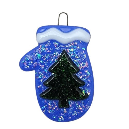 Whimsical Mitten With Dichroic Glass and Sparkly Christmas Tree Handmade Fused Glass Ornament-