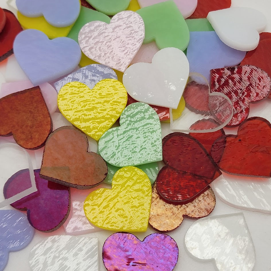 Six Pieces 1" Precut 90 COE GLASS Heart Red Clear Lavender White Red Mint Yellow Orange CHOICE-
