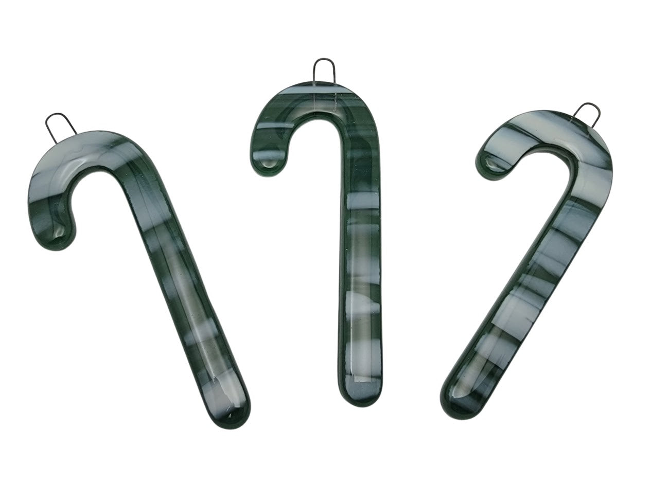 1 or 3 Fused Glass Green & Ivory CANDY CANE Christmas Tree Ornaments Handmade 3.7 inches Tall-