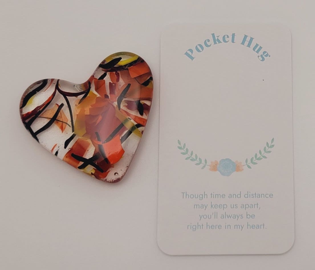 Handmade Fused Glass Pocket HEART Hug Autumn Colors Free Gift Card Valentine's Teacher Friend Love 90 COE-