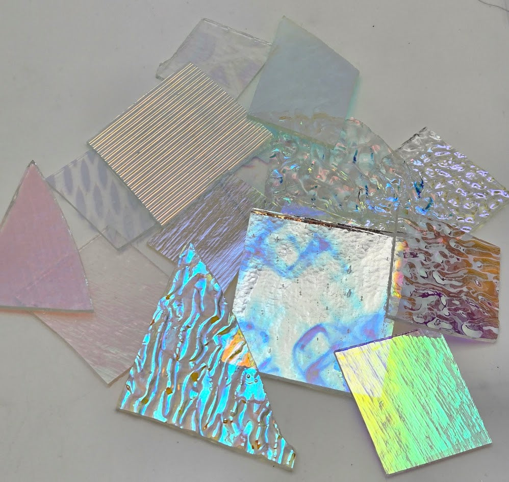 CLEAR! 90 COE Dichroic Scrap on CLEAR Substrate 8 ounces Glass Fusing 90COE-