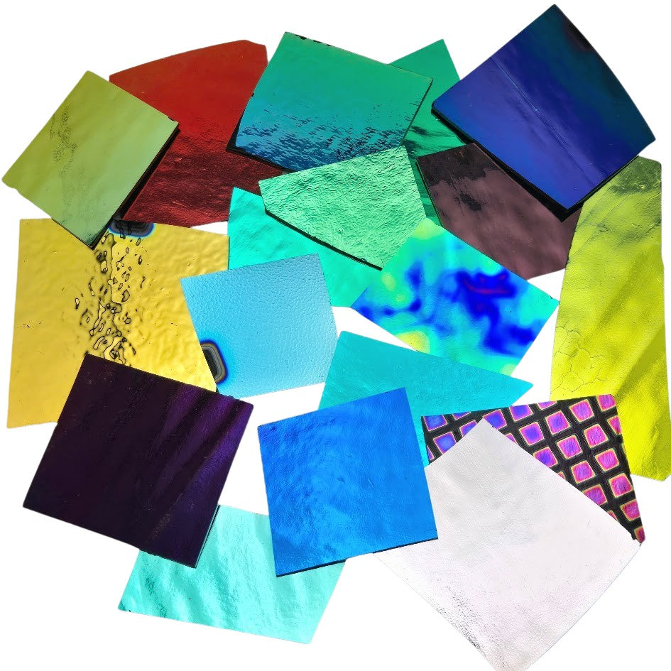 90 COE Dichroic Crinkle Scrap on BLACK Substrate 8 ounces Glass Fusing 90COE-