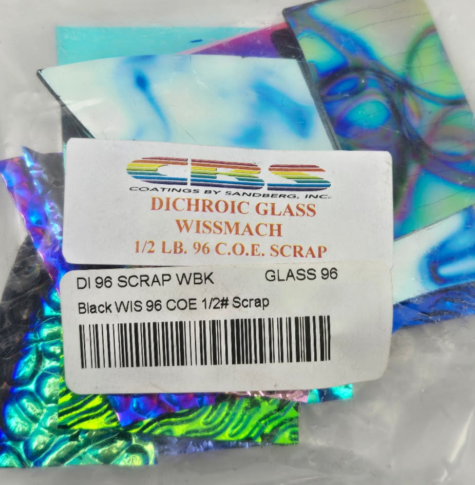 96 COE Dichroic Wissmach Scrap on BLACK Substrate 8 ounces Glass Fusing 96COE-