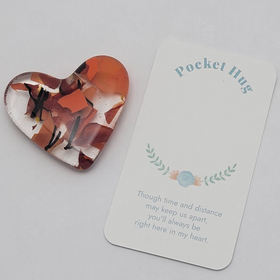 Handmade Fused Glass Pocket HEART Hug Autumn Colors Free Gift Card and Stand Valentine's Teacher Friend Love 90 COE-