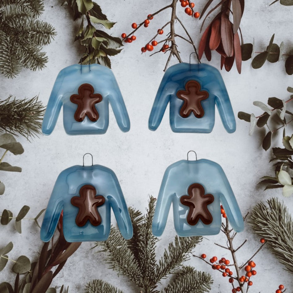 Holiday Sweater Handmade Fused Glass Ornament Blue Gingerbread Man-