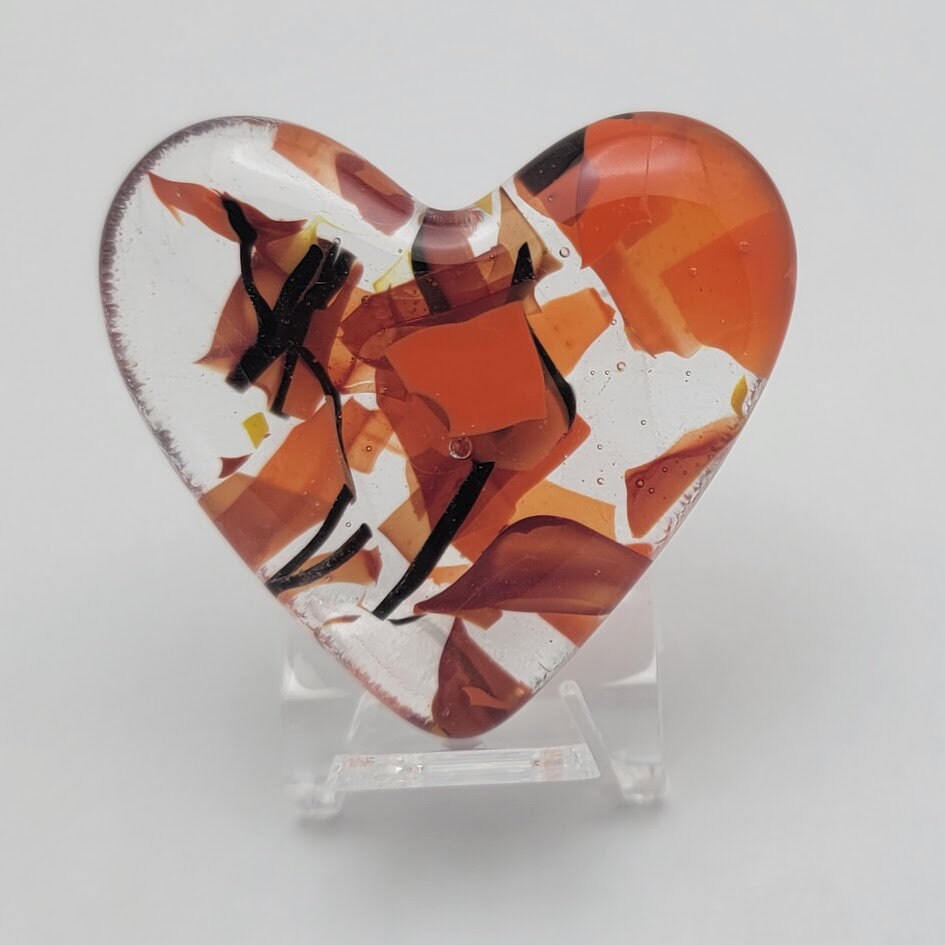Handmade Fused Glass Pocket HEART Hug Autumn Colors Free Gift Card and Stand Valentine's Teacher Friend Love 90 COE-