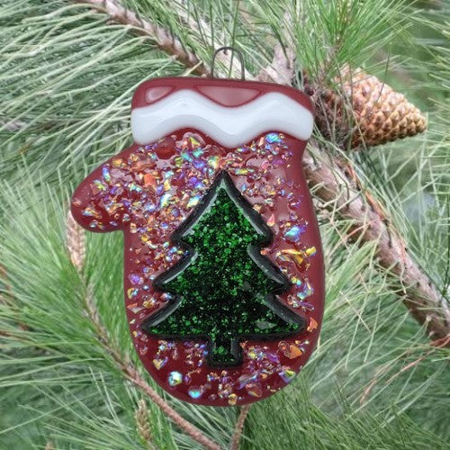 Whimsical Mitten With Dichroic Glass and Sparkly Christmas Tree Handmade Fused Glass Ornament-