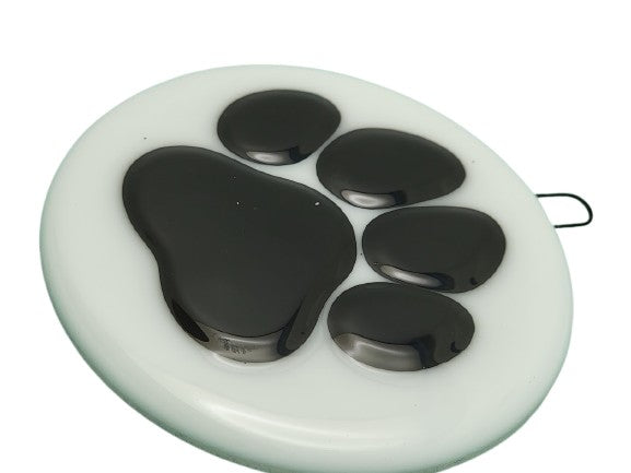 Black on White Animal Cat Dog Footprint Paw Handmade Fused Glass Ornament-