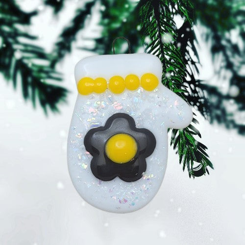Mitten Dichroic Sparkles and Flower Christmas Tree Handmade Fused Glass Ornament-