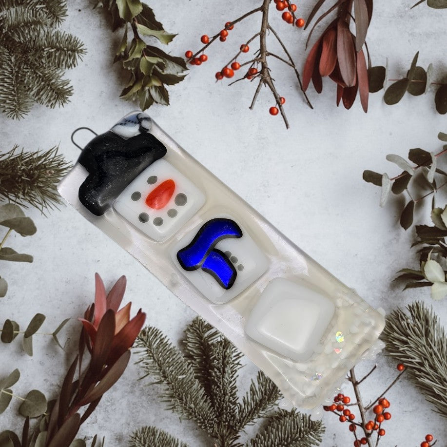 Snowman Handmade Fused Glass Christmas Tree Ornament-