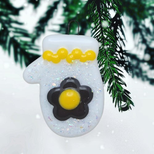 Mitten Dichroic Sparkles and Flower Christmas Tree Handmade Fused Glass Ornament-
