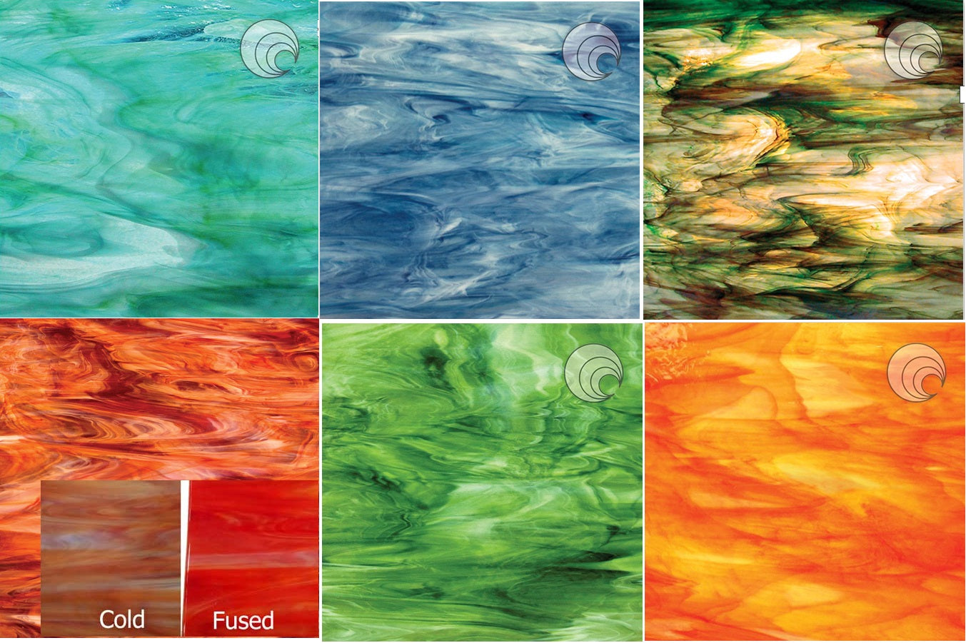 Ocean Pearl Variety Pack Six Square Feet 96 COE Aqua Lime, Blue Yonder, Rainforest, Autumn Flame, Inferno, Congo-