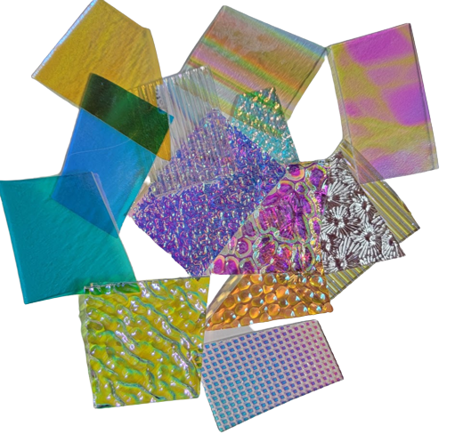90 COE Dichroic Wissmach Scrap on CLEAR Substrate 8 ounces Glass Fusing 90COE-