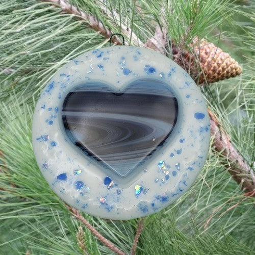 Peppermint Blue Swirl Heart Handmade Fused Glass Ornament-