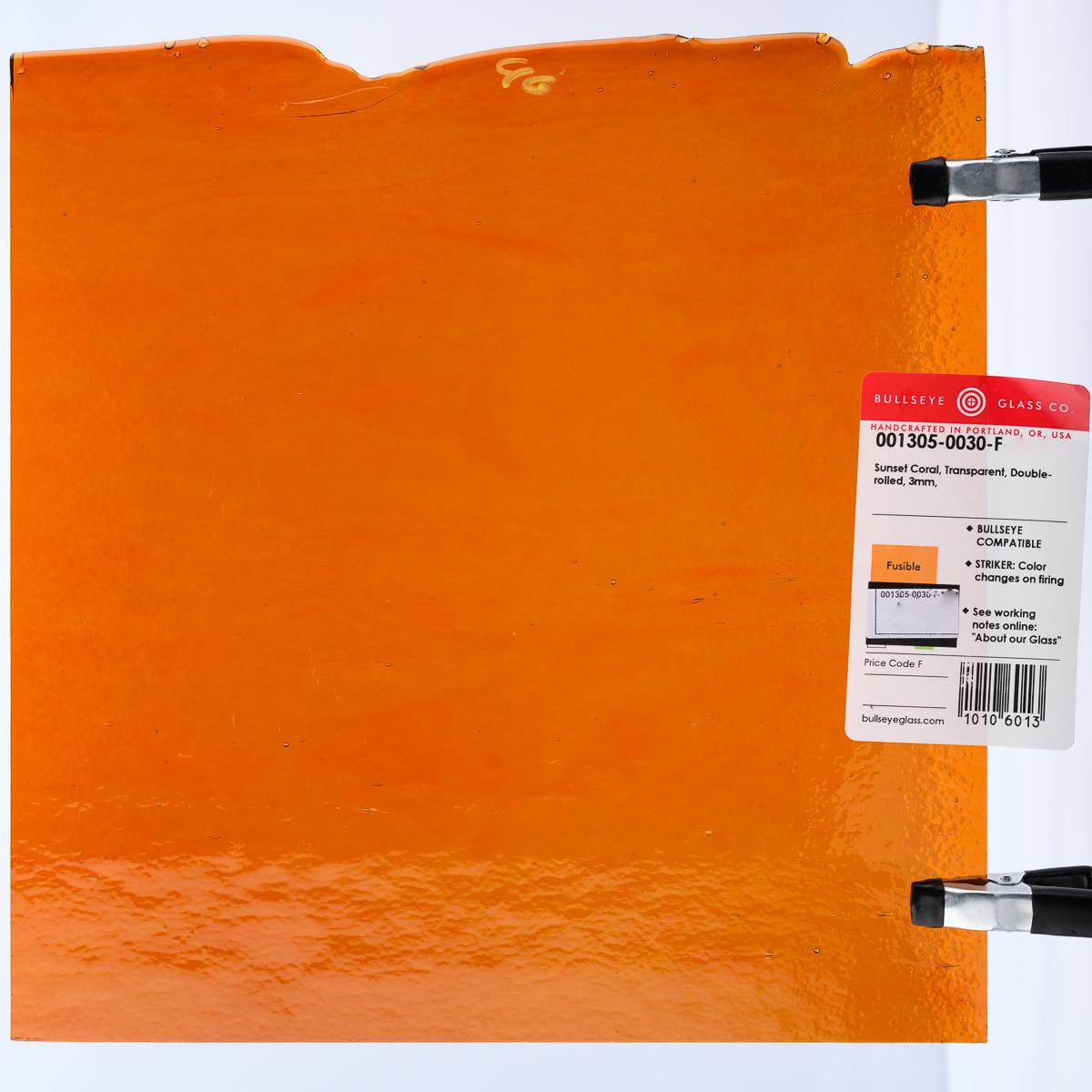 1305 Sunset Coral Striker Transparent 90 COE Bullseye Fusing Glass Sheet 5x5 inch 3mm-
