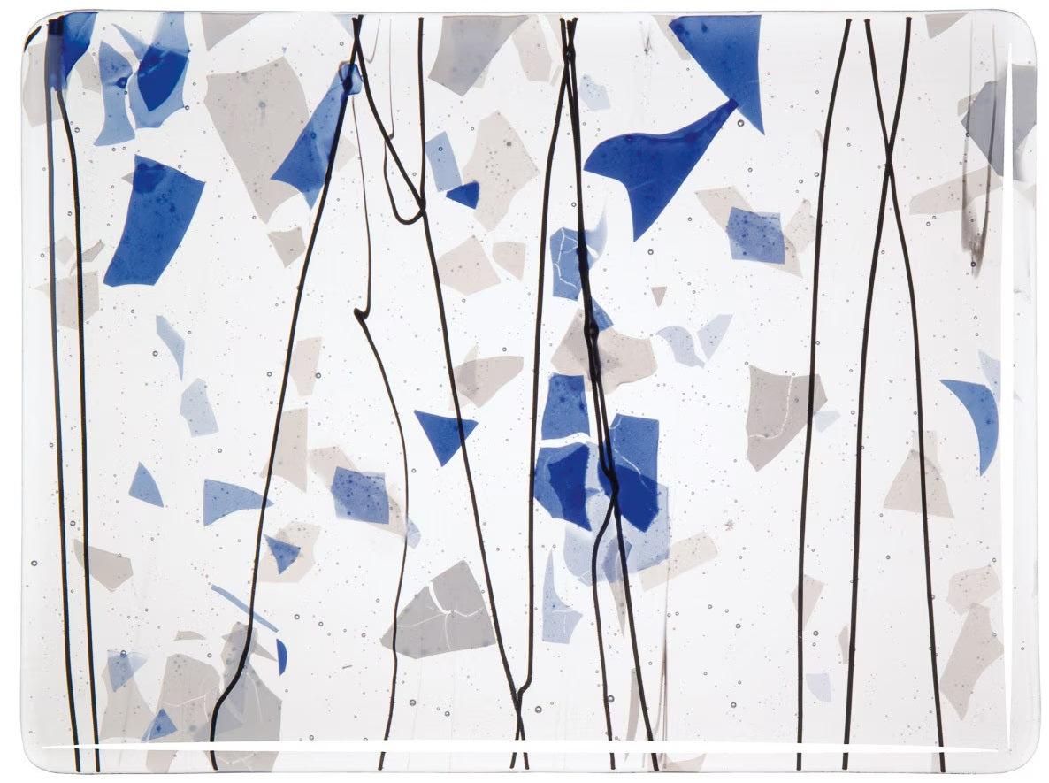 4119 Blue White Clear Black Collage Bullseye 90 COE Glass Sheet 10x10"-