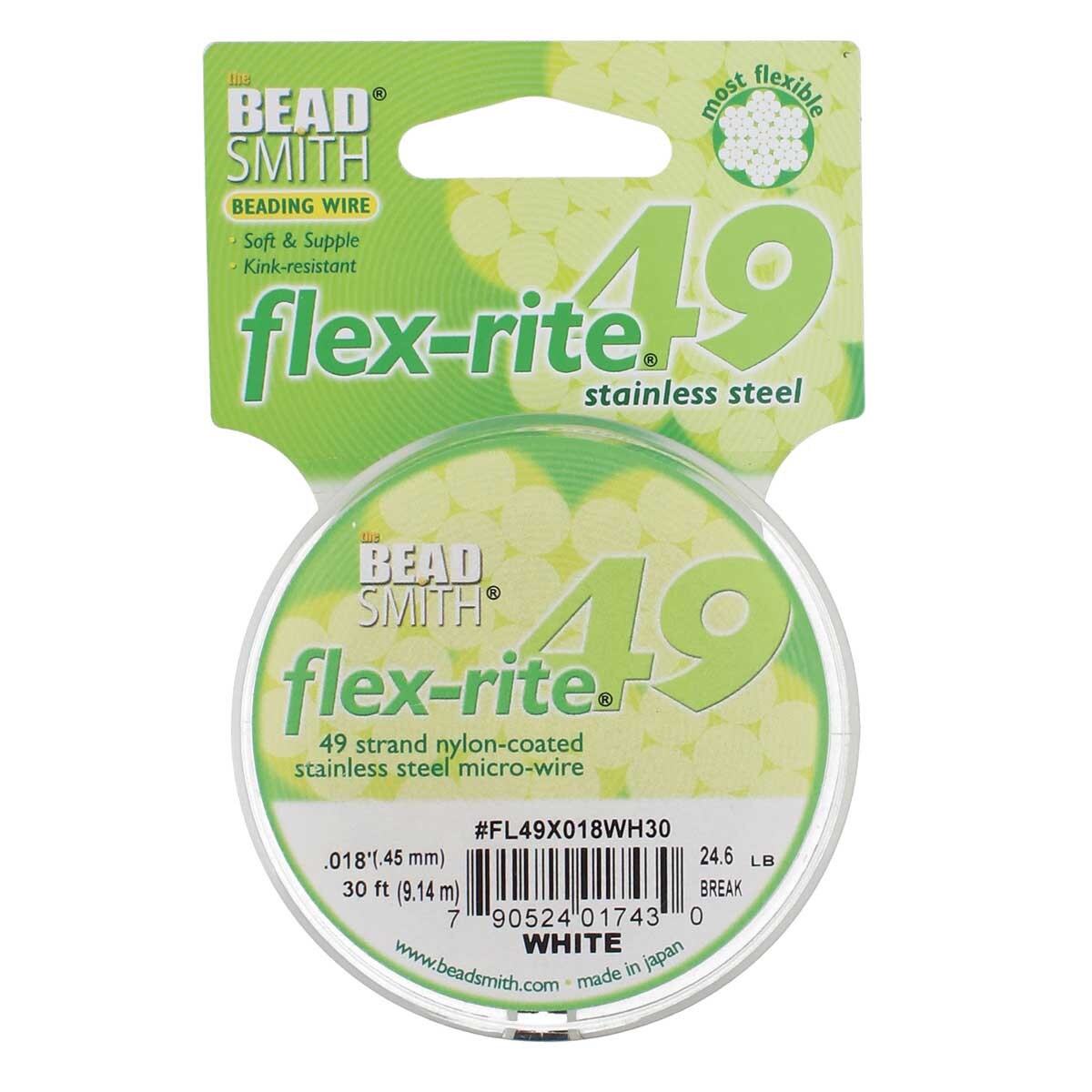 WHITE COLOR .018" 49 Strand 30 feet BEADSMITH FLEX-RITE Beading Wire FLEXRITE