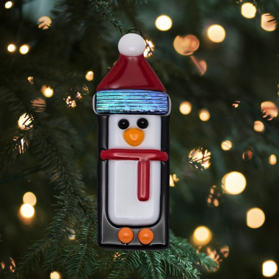 Penguin Handmade Fused Glass Ornament with Dichroic Glass-