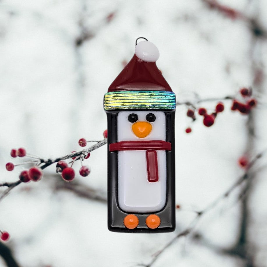 Penguin Handmade Fused Glass Ornament with Dichroic Glass-