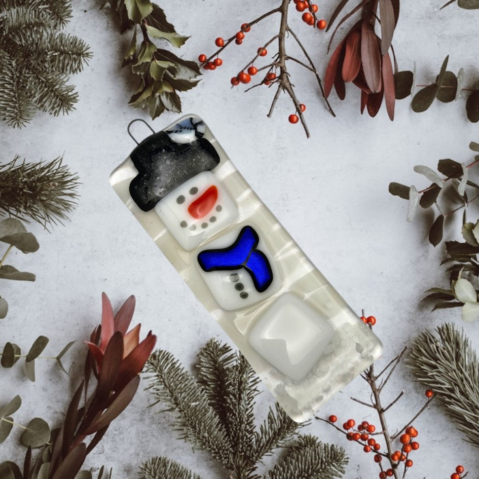 Snowman Handmade Fused Glass Christmas Tree Ornament-