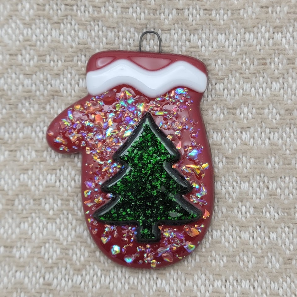Whimsical Mitten With Dichroic Glass and Sparkly Christmas Tree Handmade Fused Glass Ornament-