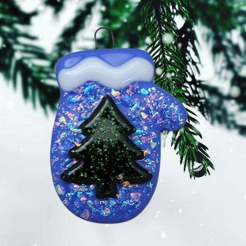 Whimsical Mitten With Dichroic Glass and Sparkly Christmas Tree Handmade Fused Glass Ornament-