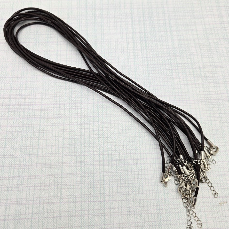 Ten 2mm Brown Leather with Silver Colored Hardware Necklaces 18" + Extender Chain-