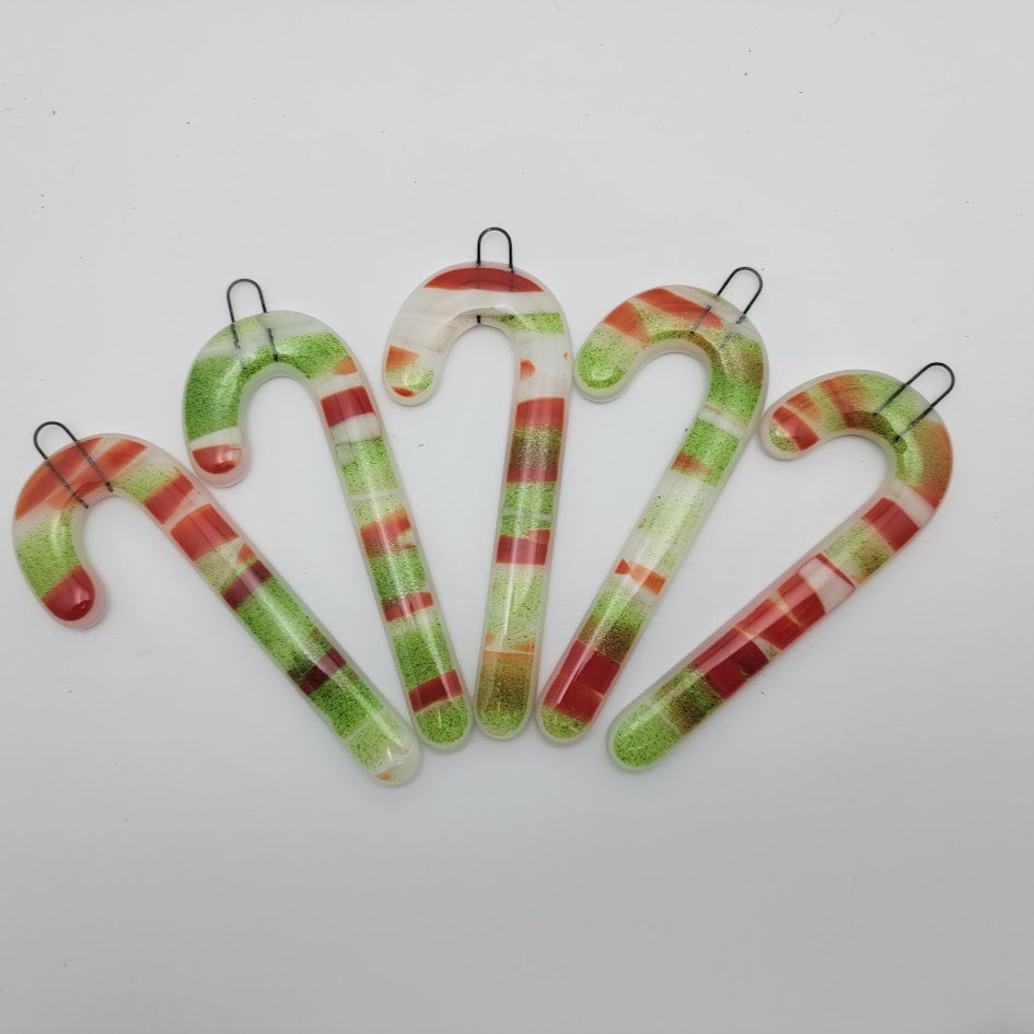 Best Seller! 1 or 3 Fused Glass FIESTA Candy Cane Christmas Ornament Handmade 3.7 inches tall-
