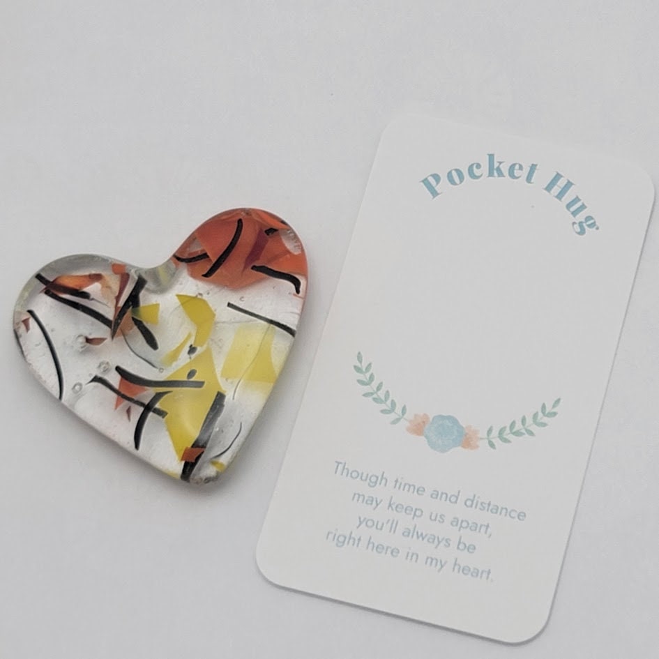 Handmade Fused Glass Pocket HEART Hug Autumn Colors Free Gift Card and Stand Valentine's Teacher Friend Love 90 COE-