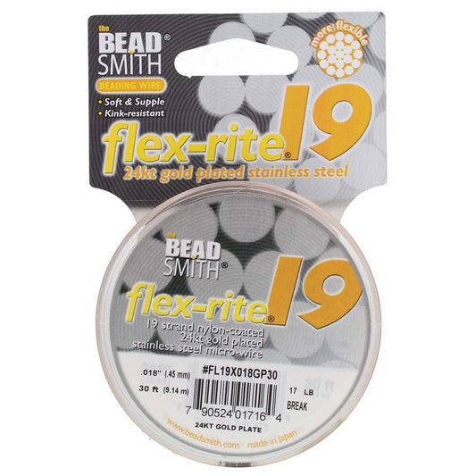 24KT GOLD PLATED .018" 19 Strand 30' BEADSMITH FLEX-RITE Beading Wire FLEXRITE-