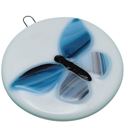 Butterfly Round White With Blues Handmade Fused Glass Ornament-