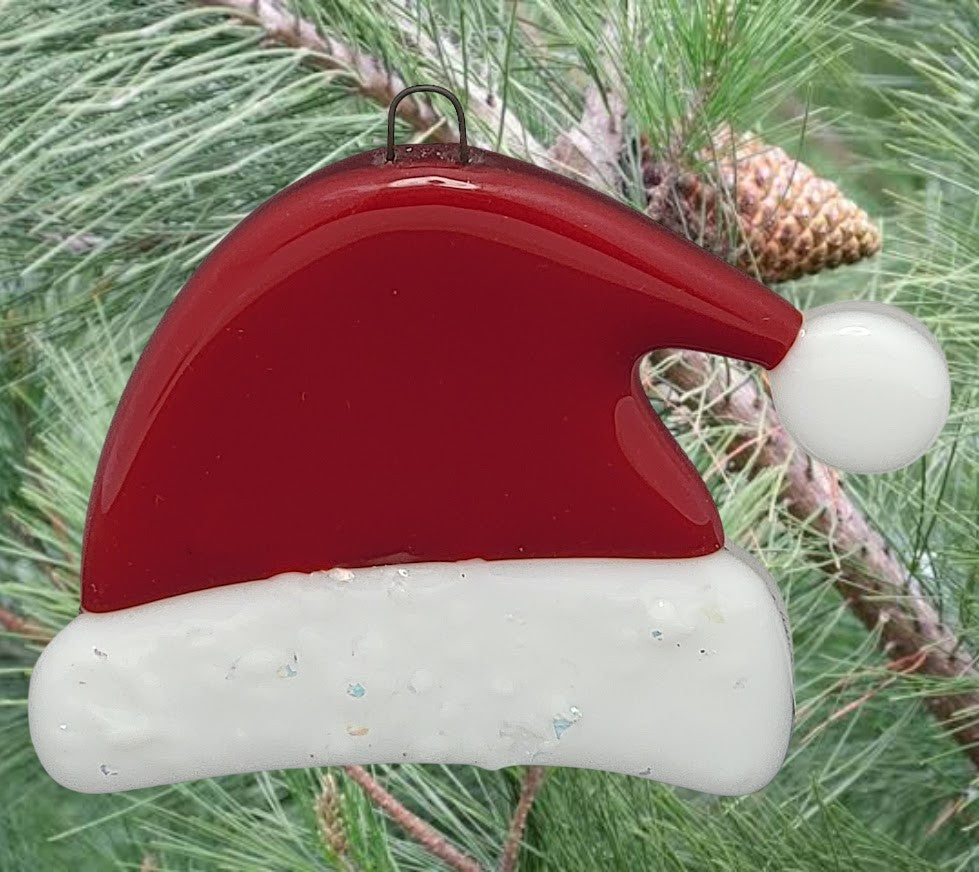 Adorable Winter Santa's Hat Handmade Fused Glass Ornament-