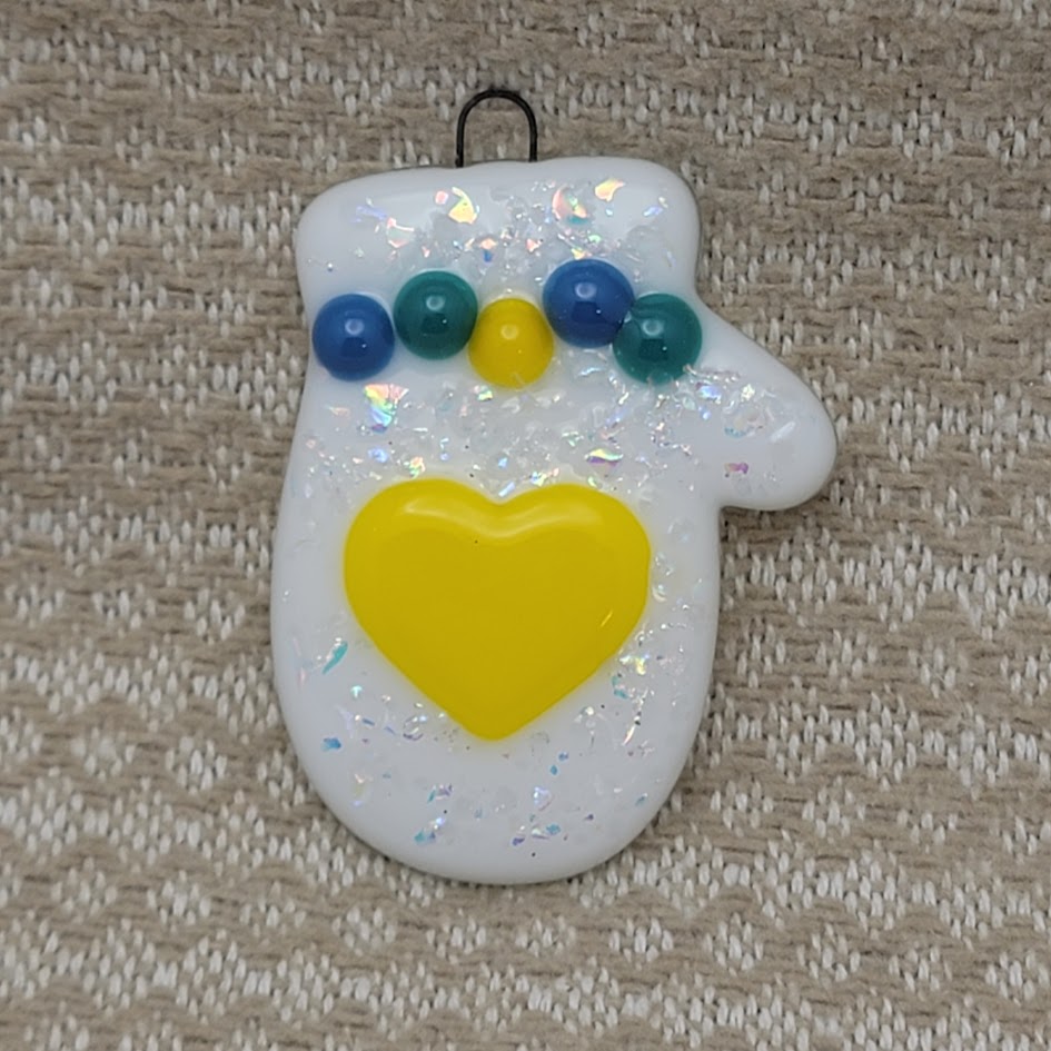 Mitten Dichroic Glass and Yellow Heart Handmade Fused Glass Ornament-