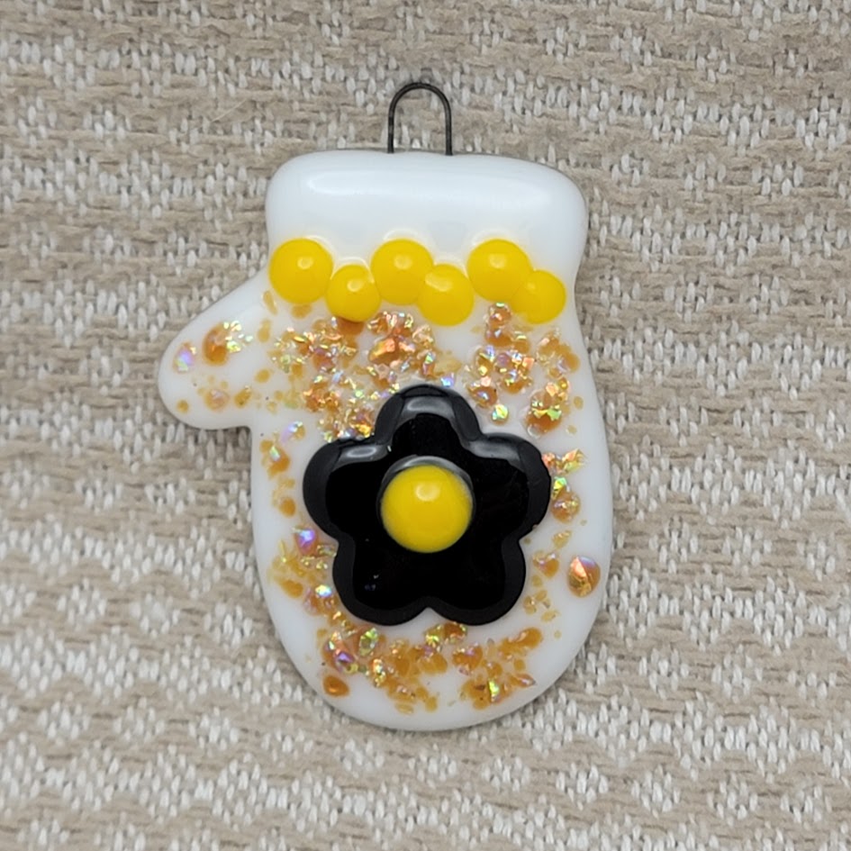 Mitten Sparkly Dichroic and Flower Christmas Tree Handmade Fused Glass Ornament-