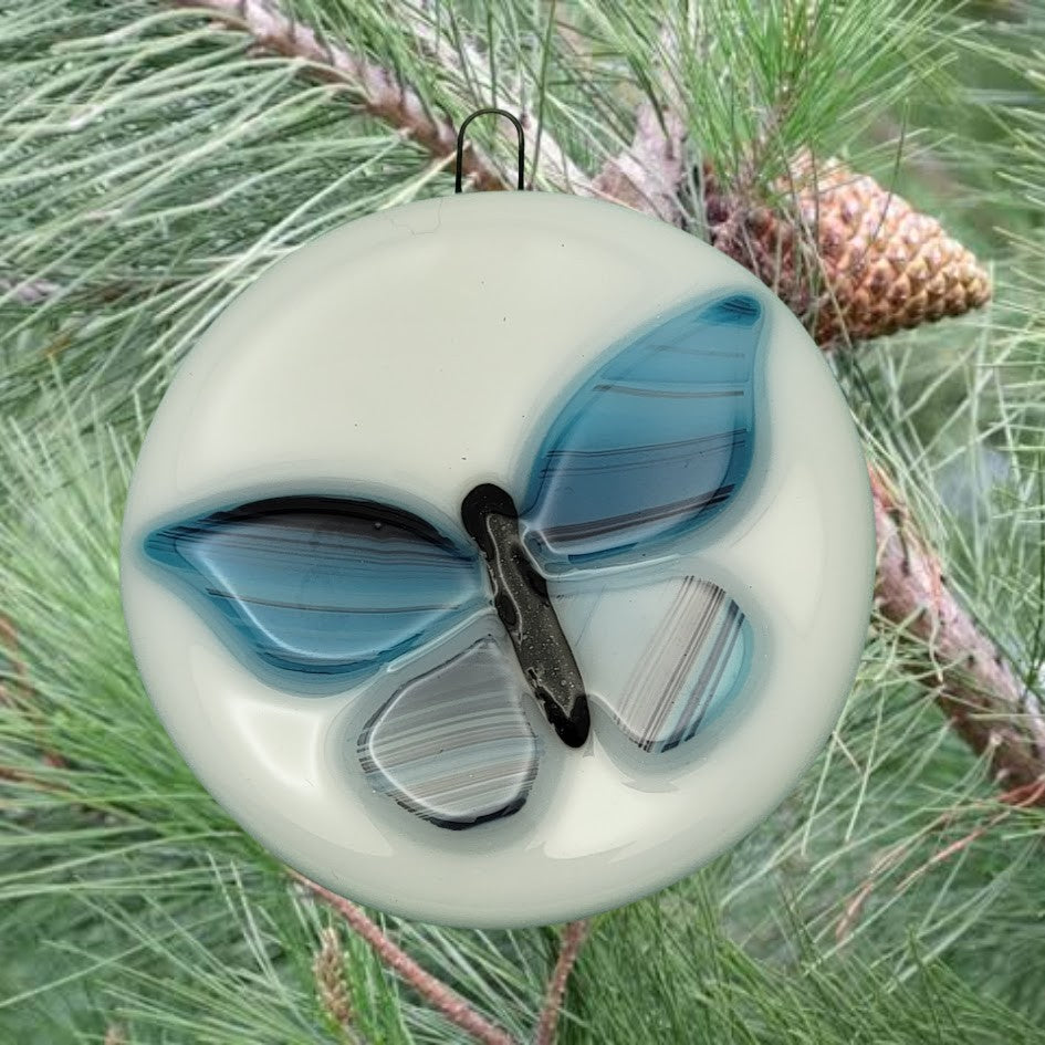 Butterfly Round White With Blues Handmade Fused Glass Ornament-