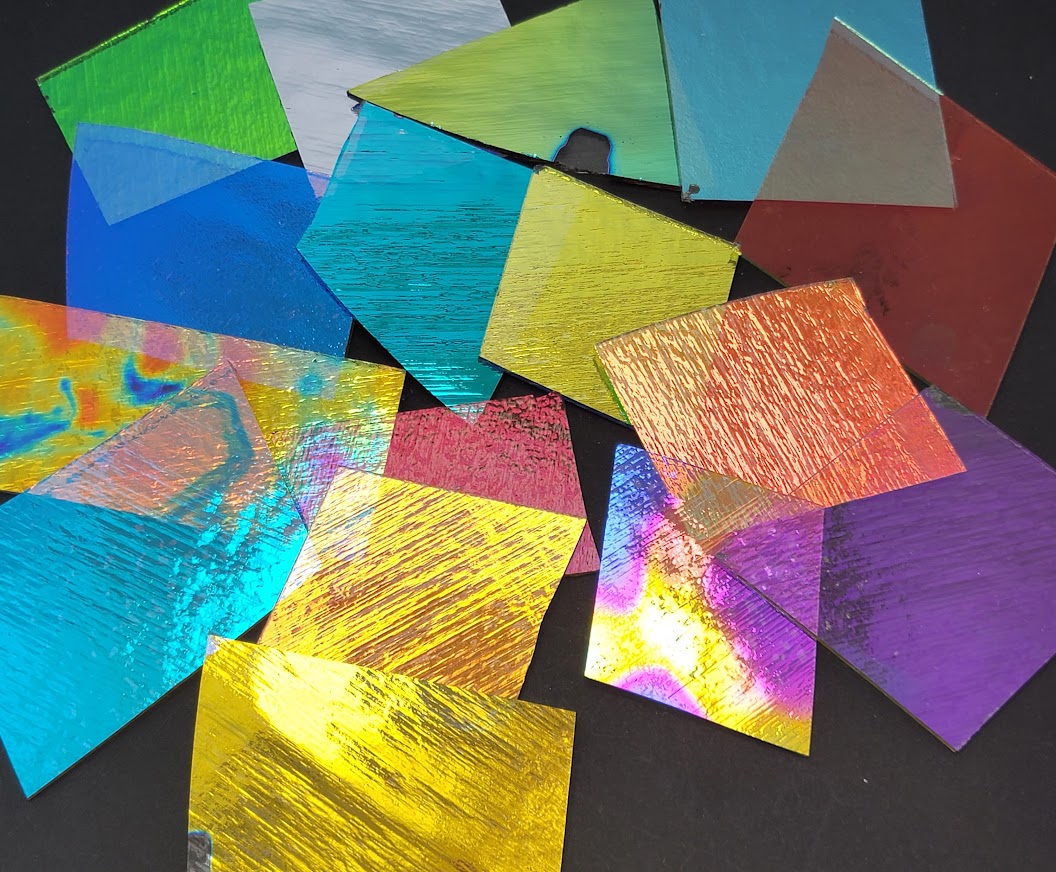 96 COE Dichroic Crinkle Scrap on CLEAR Substrate 8 ounces Glass Fusing 96COE-