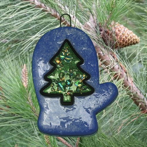 Whimsical Blue Mitten with Christmas Tree Handmade Fused Glass Ornament-