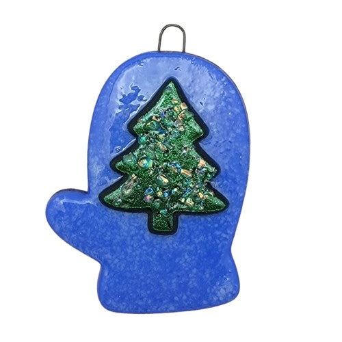 Whimsical Blue Mitten with Christmas Tree Handmade Fused Glass Ornament-