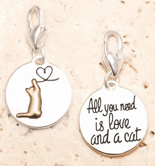 All You Need Is Love and a Cat ONE Two Sided Charm Gold Silver Tone Amanda Blu- 