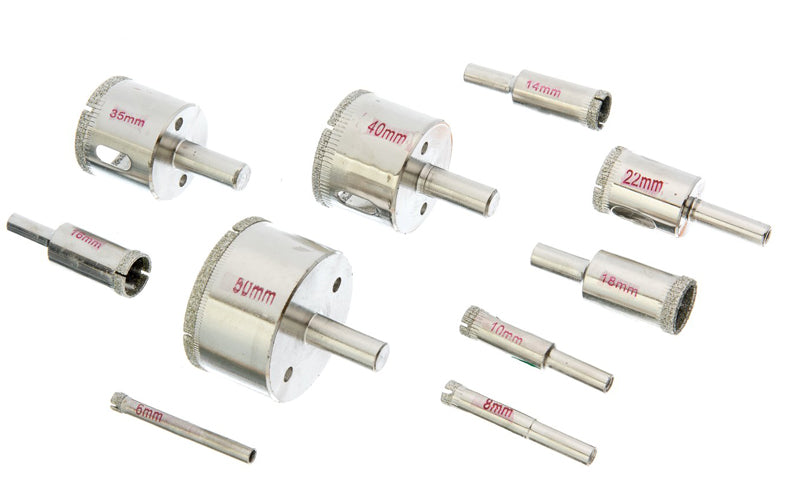 10 piece 80 Grit Diamond Hole Saw Set For Glass/ Stone Size 1/4" to 2"-