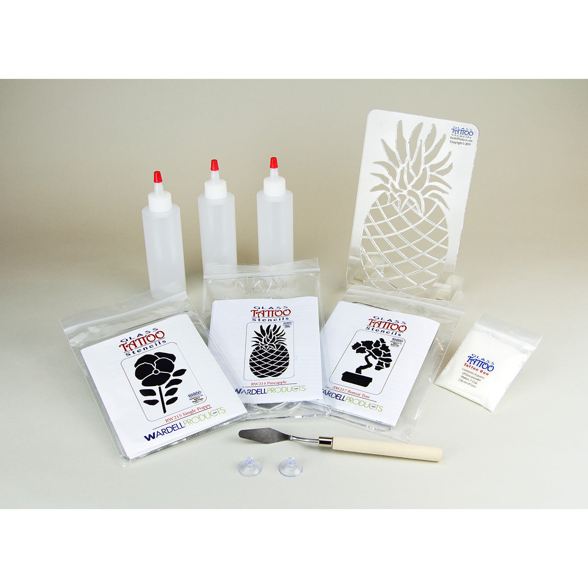 PLANT LIFE Wardell Glass Tattoo Starter Kit Poppy Bonsai Pineapple Goo Stencils KT12-