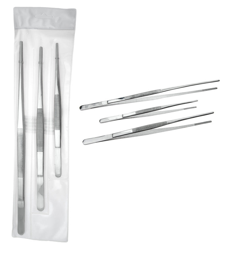 Stainless Steel* Three Piece Over-sized Tweezer Set Serrated Tips 8 10 12" Jumbo-